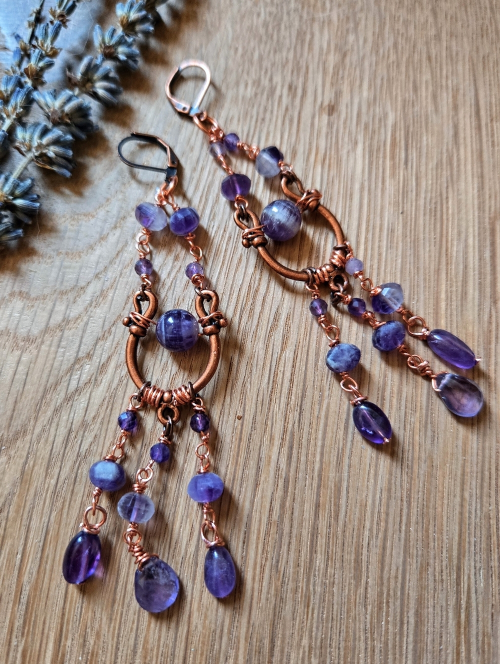 Natural Amethysts In Handcrafted Artisan Chandelier In Antique Copper Earrings - Picture 6 of 10